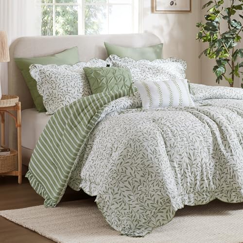Madison Park 5-Piece Reversible Botanical Comforter Set - Summer Floral Print with Scalloped Edges, Lightweight Bedding with Decorative Pillows, King, Sage Green