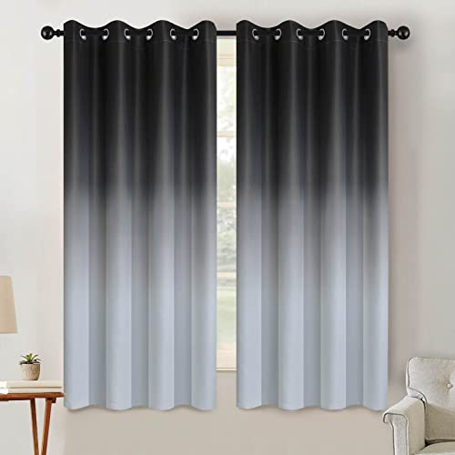 SimpleHome Ombre Room Darkening Curtains for Living Room, Light Blocking Gradient Black to Grey White Thick Thermal Insulated Grommet Window Curtains/Drapes for Bedroom, 2 Panels, 52x63 inches Length