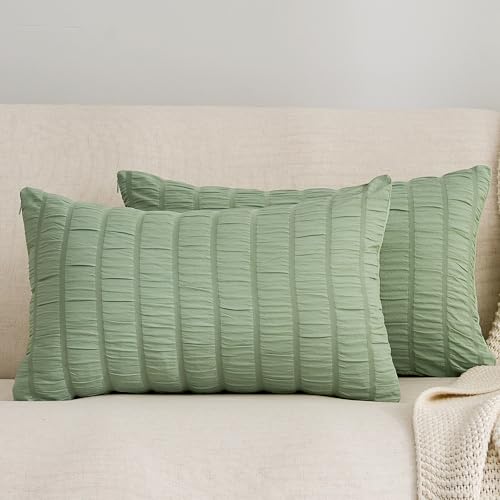 "JELLYMONI Light Green Seersucker Pillowcases 12"" x 20"" - Perfect for Sofa & Bed Layering,Soft Comfort,Decorative Accent Style,Easy Care,Oeko-Tex Certified"