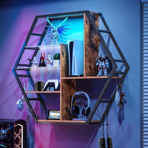 Feonase Floating Shelves With Lights, Led Shelves For Wall, Gaming Room Decor Display Shelf, Lighted Bar Shelves, Extra Hanging Hooks Storage, Sturdy Fast Assembly Great Weight Capacity-Rustic Brown