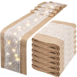 Xinnun 6 Pack Burlap Table Runner with LED String Lights Lace Rustic Natural Vintage Boho Jute Runner for Farmhouse Wedding Thanksgiving Decor (Fashion,12x70 Inches)