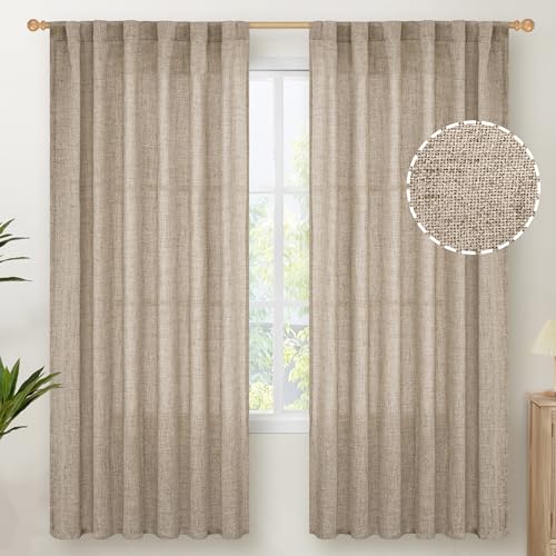 YoungsTex Dark Oatmeal Linen Semi Sheer Curtains 72 Inches Long for Living Room - Tan Burlap Drapes Light Filtering with Back Tab Rod Pocket Privacy for Farmhouse Bedroom, 2 Panels, 52 X 72 Inch