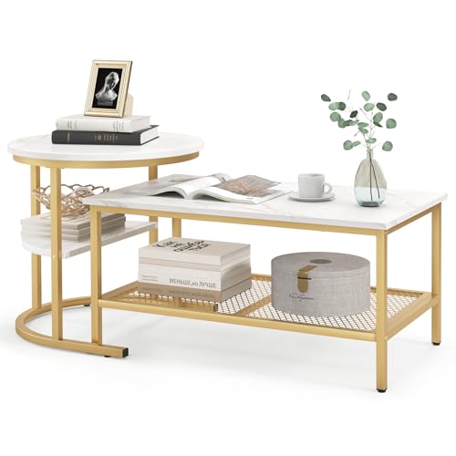 CASART Nesting Tables Set of 2, Space Saving Coffee Table with Marble Tabletop, Mesh Shelf & Adjustable Foot Pads, Metal Frame Stackable Side Tea Table for Living Room Bedroom Office (Gold + White)