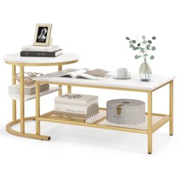CASART Nesting Tables Set of 2, Space Saving Coffee Table with Marble Tabletop, Mesh Shelf & Adjustable Foot Pads, Metal Frame Stackable Side Tea Table for Living Room Bedroom Office (Gold + White)
