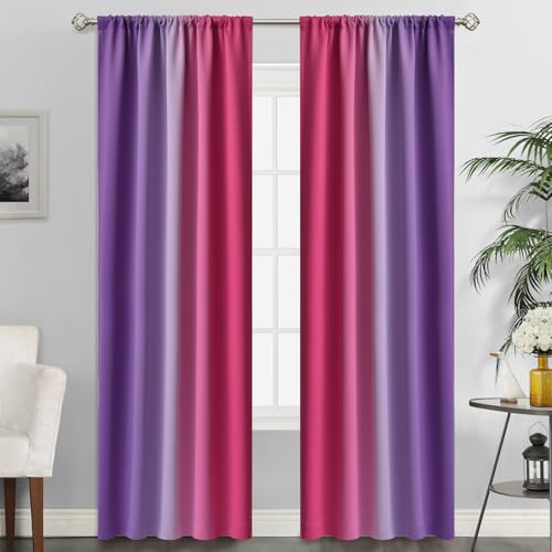 SimpleHome Pink and Purple Ombre Rod Pocket Curtains for Bedroom,52Wx84L - Room Darkening Curtains for Bedroom,Gradient Light Blocking Curtain,Thermal Insulated Window Drapes,2 Panels,84 Inch