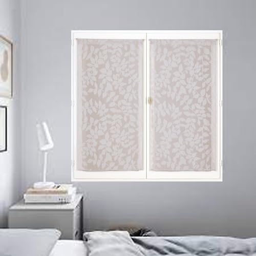 Atout Ciel Pair of Net Curtains Leaf Design with Rod Pocket Ready to Hang 2 x 60 x 160 cm Beige