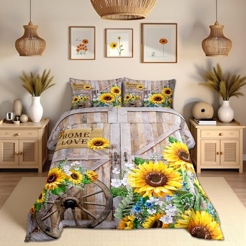 Homewish Sunflower Comforter Set Full Size Rustic Farmhouse Bedding Set Spring Flowers Quilt Set 3pcs for Kids Girls Women Boys Room Decor Home Themed Barn Door Duvet Insert with 2 Pillowcases