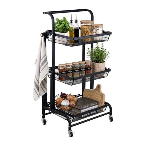 Relaxdays Kitchen Trolley, 3 basket shelves, adjustable, black