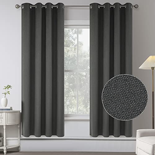100% Coarse Woven Jute Linen Blackout Curtains for Living Rooms and Bedrooms, Room Darkening Thermal Insulation Window Treatments, 2 Panels Dark Grey, W52 x L63 Inch
