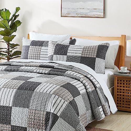 HIARUO Quilt Set Twin Size, 2 Pieces Bedspread Coverlet Plaid Patchwork Quilt Farmhouse Queen Size Comforter Set Lightweight Bedding with 1 Pillow Cover Sham for All Season Gray Brown White