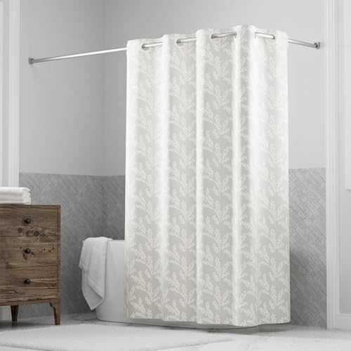 "Hookless It's A Snap! Jacquard Shower Curtain, 3-in-1 Curtain Includes Fabric Shower Curtain with Flex-On Rings & Fabric Liner with Magnets, 71"" x 74"", Botanical Arboretum Print, Beige"