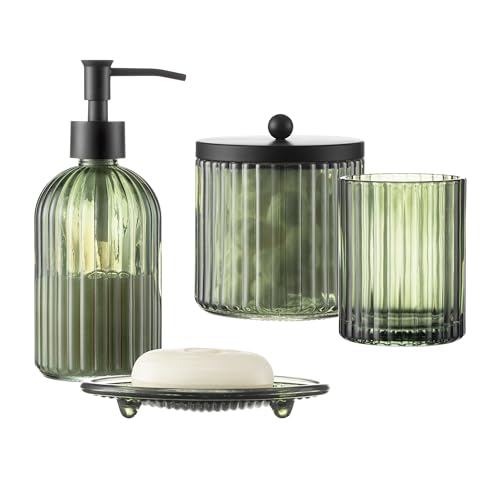 KMwares 4PCs Heavy Weight Decent Glass Bathroom Accessories Set with Decorative Pressed Pattern - Includes Hand Soap Dispenser & Tumbler & Soap Dish & Toothbrush Holder (Oliver Green)
