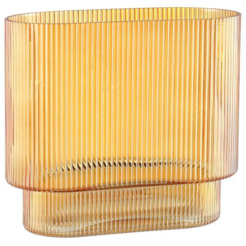 YANWE1 Ribbed Glass Vase, Amber Glass Vase, Fluted Short Vases for Flowers, Modern Vases for Living Room, Dining Room, Bathroom, Desk, Shelf, Wedding, Office, 7 Inches