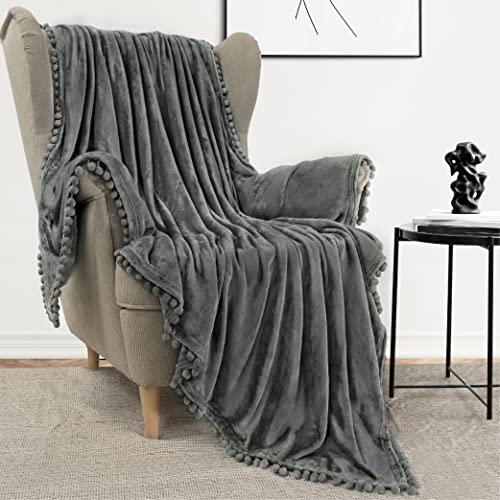 PAVILIA Fleece Throw Blanket for Couch with Pom Pom Fringe, Dark Grey, Soft Cozy Fuzzy Flannel Blanket for Sofa Bed, Large Lightweight Plush All Season Throw, 60x80 Inches