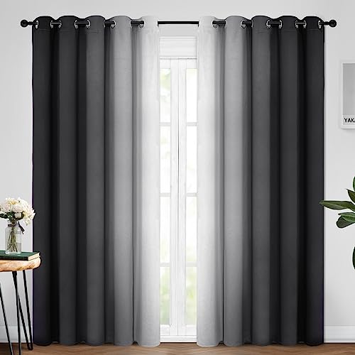 Yakamok Ombre Curtains Black and Greyish White for Living Room,62Wx96L - Room Darkening Curtains 96,Thermal Insulated Gradient Color Drape,Light Blocking Grommet Window Curtains for Bedroom,2 Panels