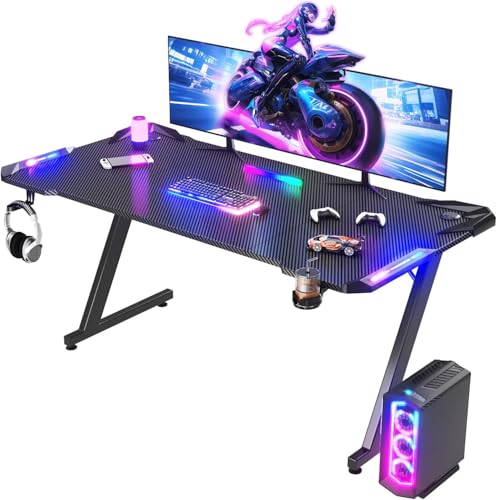 JUMMICO Gaming Desk 160x60cm with RGB LED Lights, Sturdy Computer Desk with Headphone Hook & Cup Holder, Gamer Desk for Home Office, Black