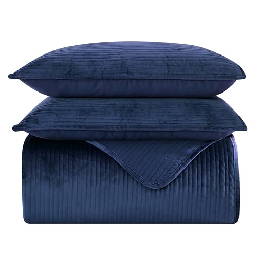 Elegant Comfort Luxury 3-Piece Velvet Corduroy Stripe Quilt Set, Ultra Soft Bedspread - Cozy Velvet Coverlet Set - 3PC Medium Weight Quilted Set with Matching Pillow Shams, King, Navy Blue