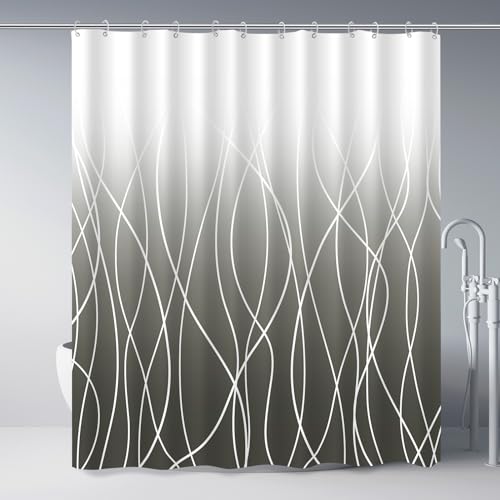 "Punkray Striped Shower Curtain with Hooks, Weighted Hem Shower Curtains Water Repellent Machine Washable, Ombre Dark Grey, 72"" W x 72"" L"