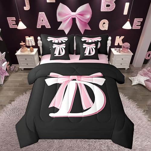 jejeloiu Kids Girls Black Pink Bow Comforter Set with Sheets Full Size Monogrammed 7 Piece Bedding Set Personalized Initial D Bed in a Bag with Comforter, Sheets,Pillowcases Modern Fashion Bed Set