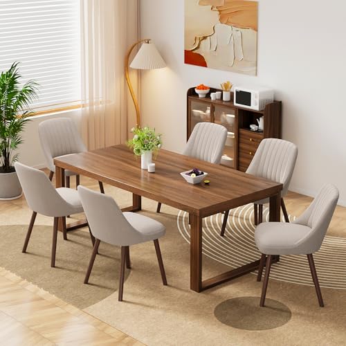 MALOL Wooden Dining Chairs Set of 6, Fabric Chairs for Dining Room with with Wood Legs and Thick Seat Cushion, Upholstered Kitchen Chair with Anti-Slip Pads, Camel