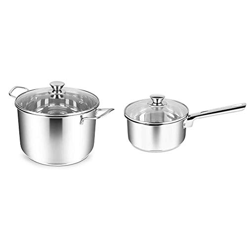 Penguin Home Stainless Steel 24x16cm/6L Stock Pot with Glass Lid, Mirror Finish, Large & 3002 Professional Induction-Safe Saucepan with Lid, Stainless Steel, 18 cm, 2 liters