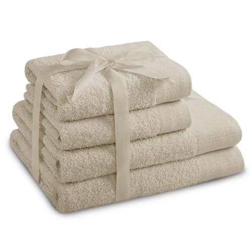 AmeliaHome Set 4pcs 2 Towels 50x100 cm and 2 Bath Towels 70x140 cm 100% Cotton Absorbent Beige Cappuccino Amari