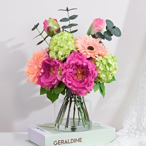 Livole Artificial Fake Flowers with Vase Silk Faux Flowers Arrangements in Glass Vase with Faux Water Centerpiece Table Decorations for Dining Room Home Office Shelf Wedding Decor???Fuchsia Pink???