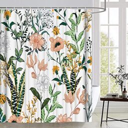 BBLYANU Green Floral Shower Curtain (72” x 72”), Flower Tropical Leaves Shower Curtains, Polyester Fabric Printed Shower Curtain Set for Bathroom with Hooks