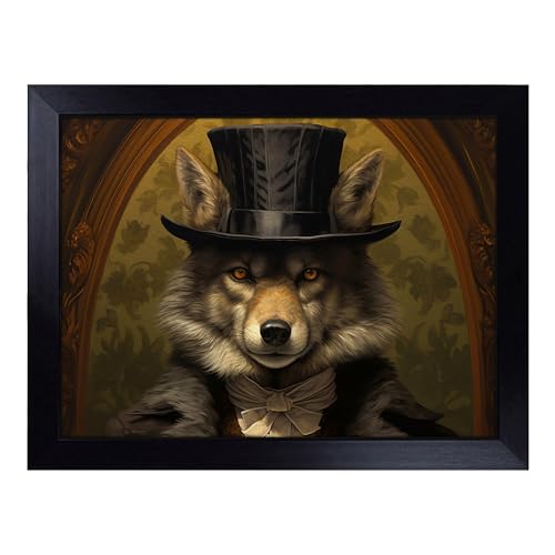 Lap Tray with Bean Bag Cushion, Wolf Victorian Art - Handmade in the UK, Raised Wooden Edge, Padded Cushion, Heat-Resistant Wipe-Clean Surface, for Meals, Laptops and Crafts
