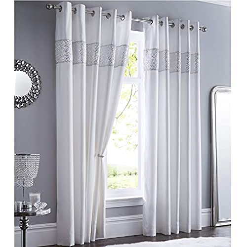 "Portfolio Sequin Diamante Eyelet Ring Top Fully Lined Curtains 66"" X 72"", White"