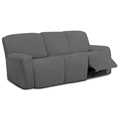 Easy-Going 8 Pieces Microfiber Stretch Sectional Recliner Sofa Slipcover Soft Fitted Fleece 3 Seats Couch Cover Washable Furniture Protector with Elasticity for Kids Pet(Recliner Sofa, Gray)