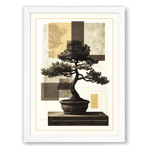 Bonsai in Geometry Japandi Framed Wall Art Print A4 (29.7×21cm) White, Wall Decor for Living Room, Bedroom, Office & Home, Ready to Hang, Art Gift