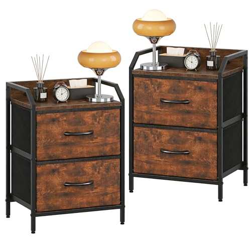 Feonase Bedside Tables Set of 2, Bedside Table with 2 Storage Fabric Drawers, Sturdy Metal Frame,Bed Side Table for Bedroom & Living Room Modern, Rustic Brown