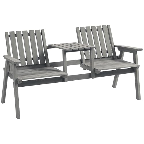 Outsunny Wooden Garden Loveseat, 2-Seater Garden Chair with Table & Parasol Hole, Outdoor Bench for Porch, Patio, Grey