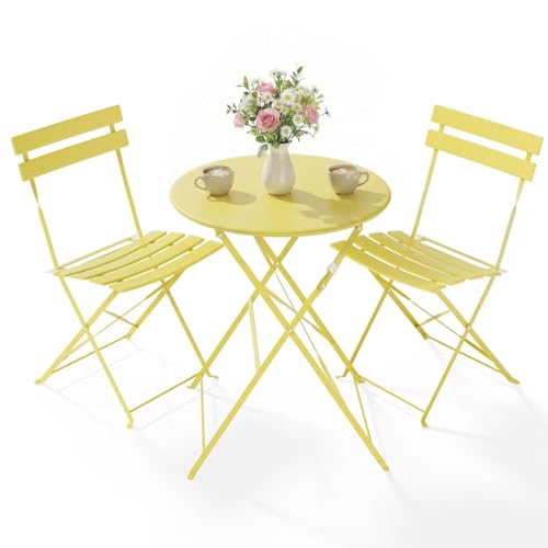 Clevich 3-Piece Folding Patio Bistro Set for Outdoor, Lightweight Rustproof Metal Table & 2 Chairs, Balcony Garden Furniture, 3 Colours Available (yellow)