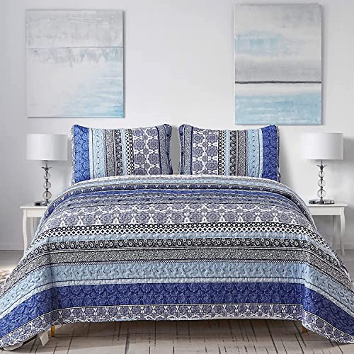 "WONGS BEDDING Boho Quilt Set Queen Size, Blue Bohemian 3 Pieces Quilt Sets, Lightweight Bedspread Coverlet Bedding Set for All Season (96""x90"")"