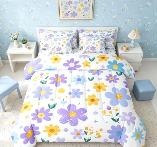 Feelyou Cute Flower 7 Piece Bedding Set Queen Size Kids Cartoon Cute Floral Bed in a Bag for Girls Teens Purple Yellow Comforter Set with Sheets Kawaii Bed Set