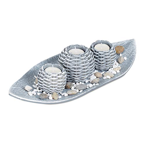 Relaxdays Decorative Candle Set, Tealight, Tray, Decorative Pebbles, Round Holders, Braided Design, 38.5 cm, Silver