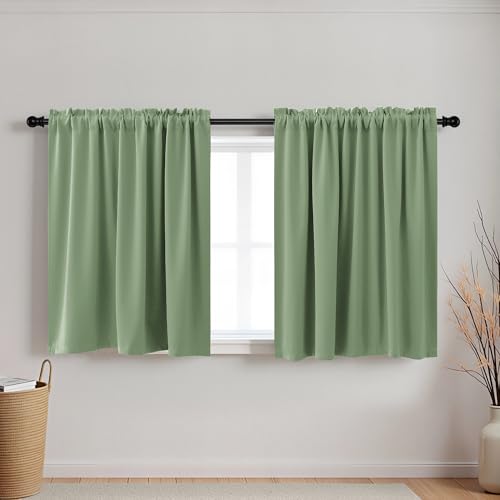 KOUFALL Sage Green Curtains 24 Inch Length for Bathroom Window 2 Pack Rod Pocket Room Darkening Cafe Curtain Tiers Blackout Light Green Short Curtains for Small Windows 34 by 24 in Long