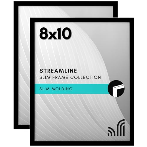 Americanflat 8x10 Picture Frame with Shatter-Resistant Glass - Set of 2 - Streamline Collection - Thin Border Picture Frame for Tabletop and Wall - Hanging Hardware and Easel Stand Included - Black