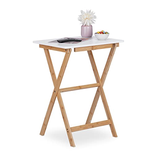 Relaxdays Folding Table, Bamboo, HxWxD: 63 x 47.5 x 37 cm, Space-Saving, Sturdy, for Indoors & Outdoors, White/Natural
