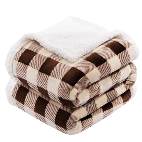 BEAUTEX Sherpa Fleece Throw Blanket, Super Soft Warm Buffalo Plaid Plush Blankets and Throws Lightweight Cozy Fluffy Blanket for Couch Sofa Bed (Brown, Throw 50 x 60 inches)