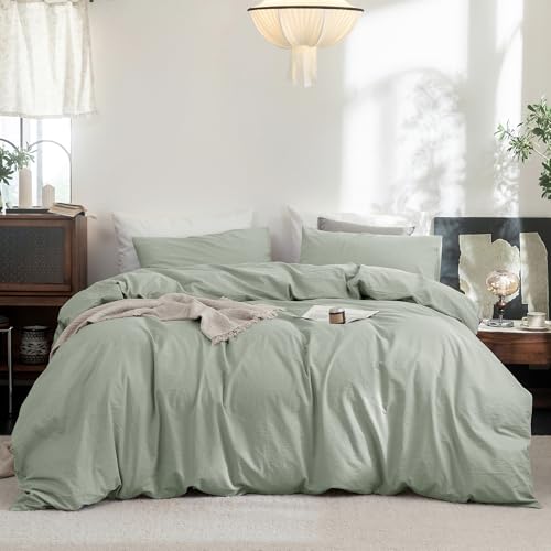 FOSSA Duvet Cover Set 100% Washed Cotton Linen Feel Oversized King Plus - Super Soft Breathable Lightweight & All Season Bedding Set with Hidden Zipper & 8 Corner Ties (Sage Green)
