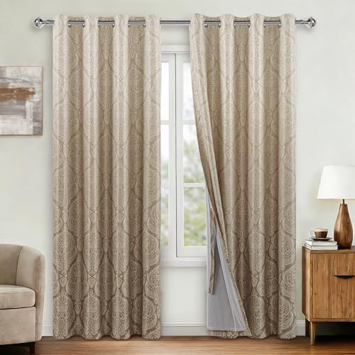 DWCN Ombre 100% Blackout Curtains with Tiebacks- Damask Patterned Thermal Insulated Energy Saving Grommet Curtains for Bedroom, Set of 2 Gradient Window Curtain Panels, 52 x 84 Inches, Taupe