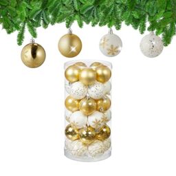Relaxdays Christmas Baubles Set of 30, Plastic, D: 6 cm, Round, Shatterproof, Tree Decorations, Patterns, Gold/White