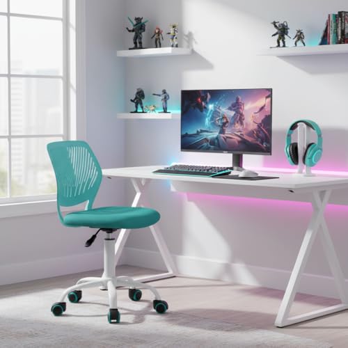 FurnitureR Compact Gaming Chair, PP Hollow Backrest, Adjustable Height, Ergonomic Swivel Foam Seat, 5 Castors Iron Base, for Reading, Drawing, Gaming, Candy Turquoise