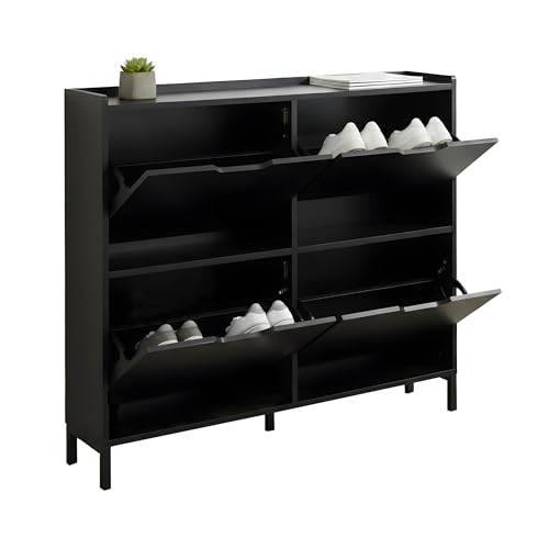 Relaxdays shoe rack, 4 compartments, 16 shoes, HWD: 90 x 100 x 19 cm, narrow cabinet with anti-tip protection, black
