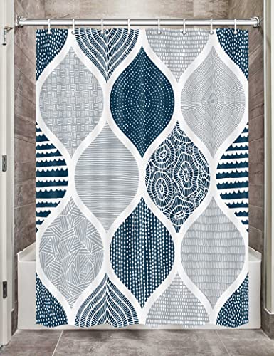 JAWO Blue and Grey Camper RV Shower Curtain for Travel Trailer Bathroom, Bohemian Chic Camping Small Narrow Shorter Fabric Shower Curtains Set, Happy Camp Outdoor Decor Accessories with Hooks 47X64