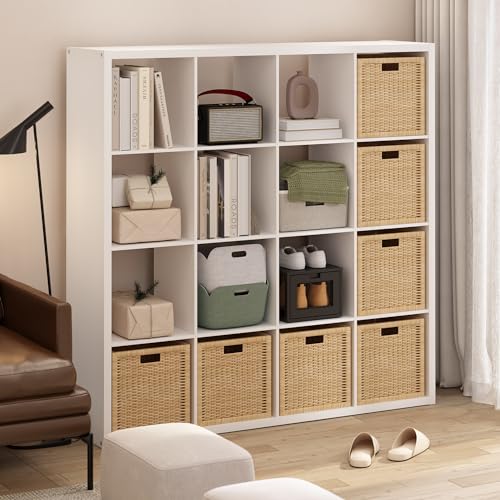 Furinno CUBICLE Book Shelf, 16-Cube Thick Frame Bookshelf, Reversible Bookcase with Open Back, 37.08 x 146.81 x 147.32 cm, for Living Room, Bedroom, Home Office, Plain White