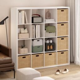 Furinno CUBICLE Book Shelf, 16-Cube Thick Frame Bookshelf, Reversible Bookcase with Open Back, 37.08 x 146.81 x 147.32 cm, for Living Room, Bedroom, Home Office, Plain White